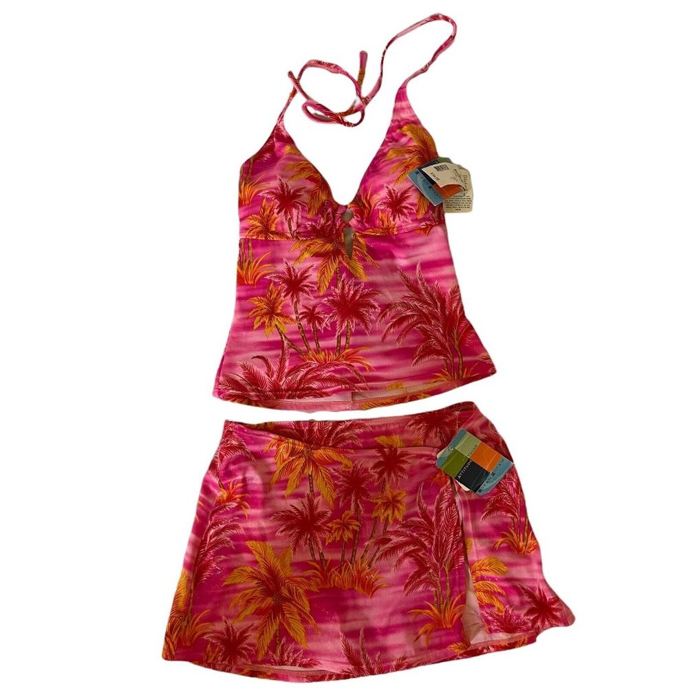 Ocean Dream 2 Piece Tankini Swimsuit Size 14 Pink Orange Palm Tree